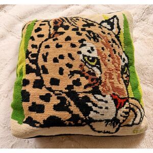 Vintage Leopard Needlepoint Pillow Hand-Stitched Big Cat Tapestry Cushion